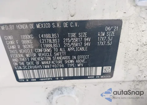 2021 Honda Hr-V Awd Ex из США, поврежденный, VIN 3CZRU6H51MM740796